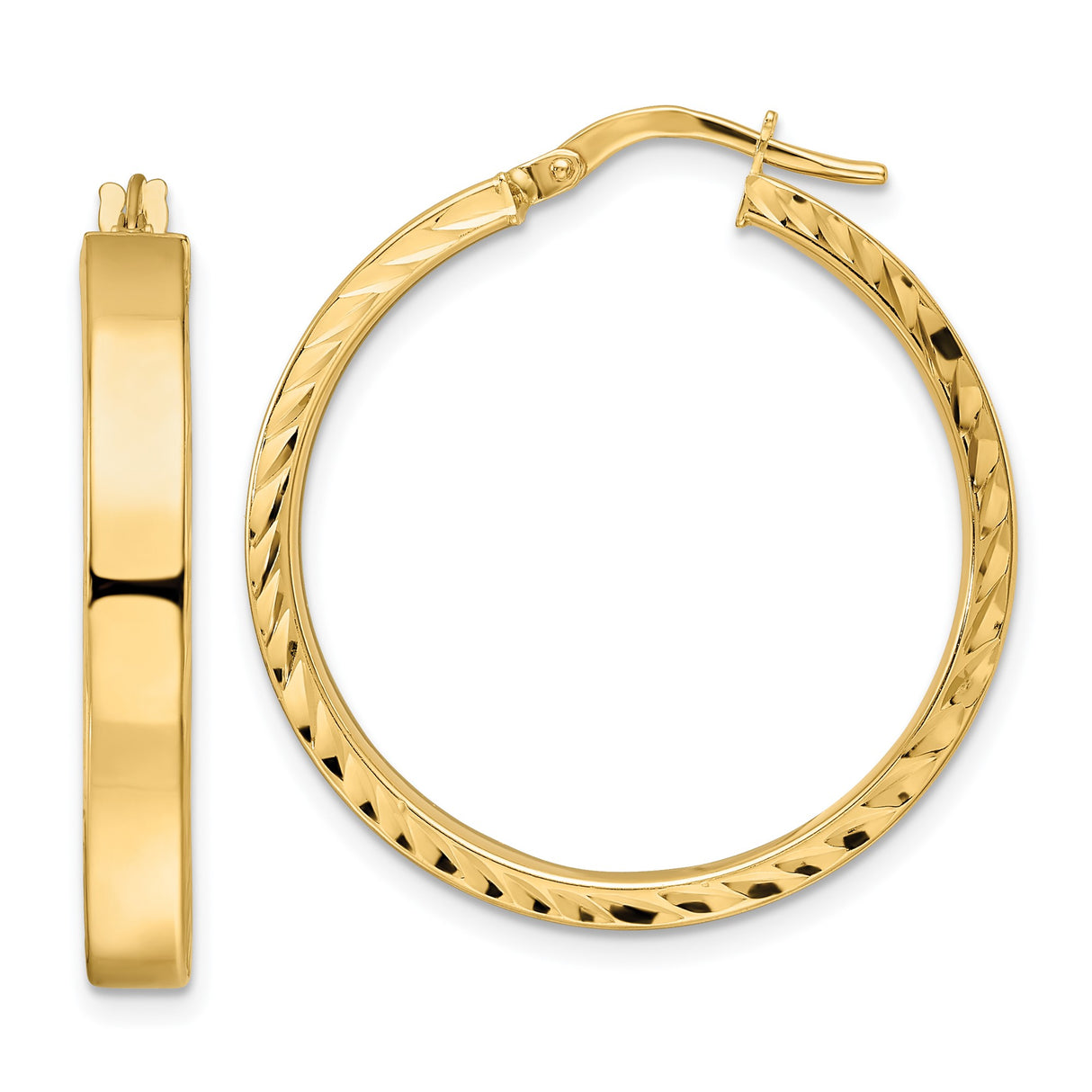 14k Yellow Gold Hoop Earrings, Diamond Cut with Polished and Textured Finish for Women