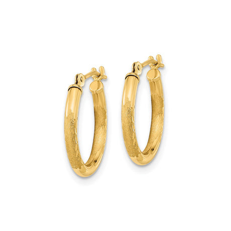 14k Yellow Gold Hoop Earrings with Textured Leaf Design and Polished Satin Finish