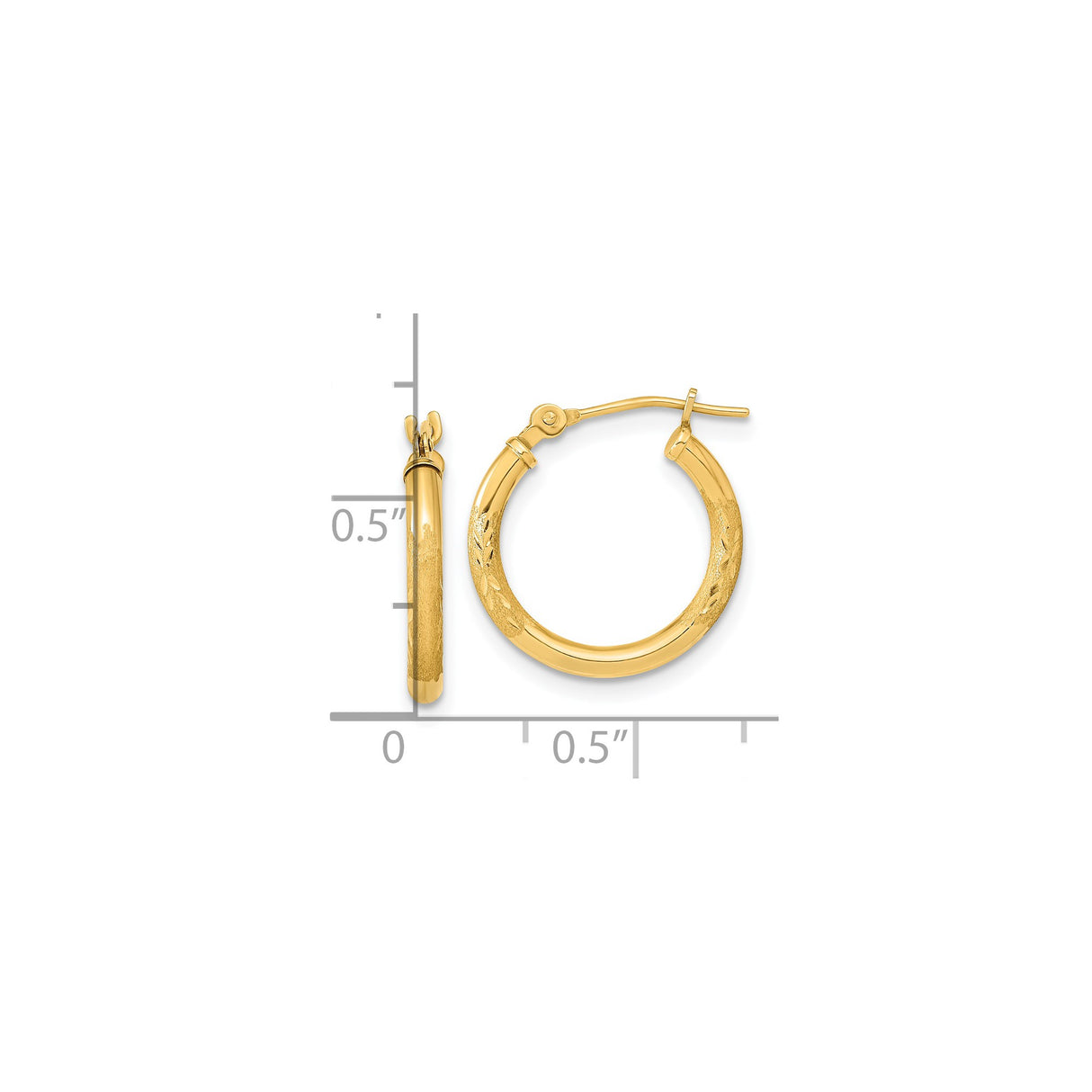 14k Yellow Gold Hoop Earrings with Textured Leaf Design and Polished Satin Finish