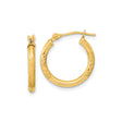 14k Yellow Gold Hoop Earrings with Textured Leaf Design and Polished Satin Finish