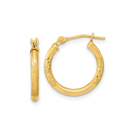 14k Yellow Gold Hoop Earrings with Textured Leaf Design and Polished Satin Finish