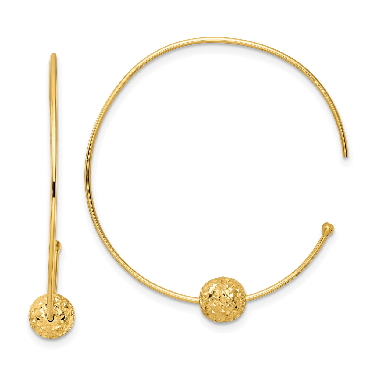 14k Yellow Gold Hoop Earrings with Faceted Bead, Textured Minimalist Open Design for Women