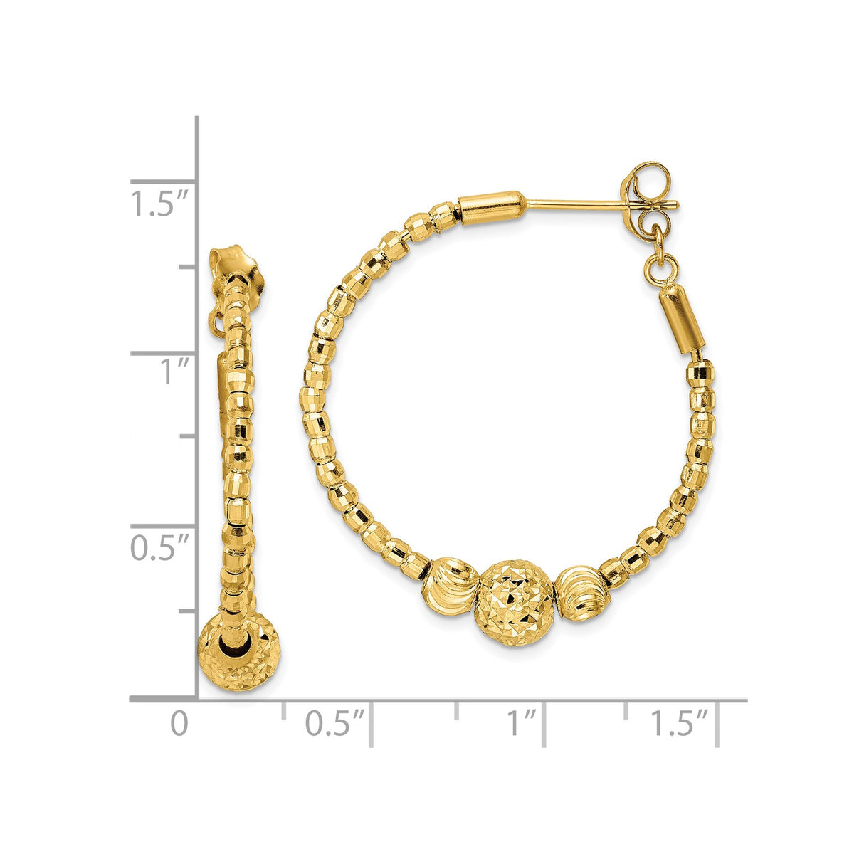 14k Yellow Gold Hoop Earrings with Textured Beads and Faceted Ridged Details