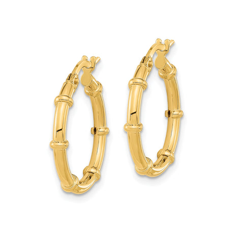 14k Yellow Gold Hoop Earrings, Bamboo Design, Textured Lightweight Style for Women