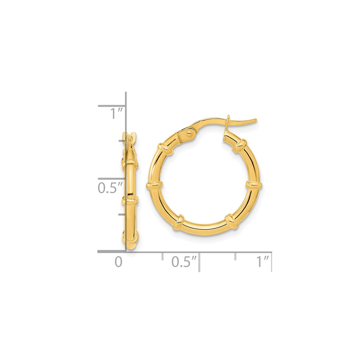 14k Yellow Gold Hoop Earrings, Bamboo Design, Textured Lightweight Style for Women