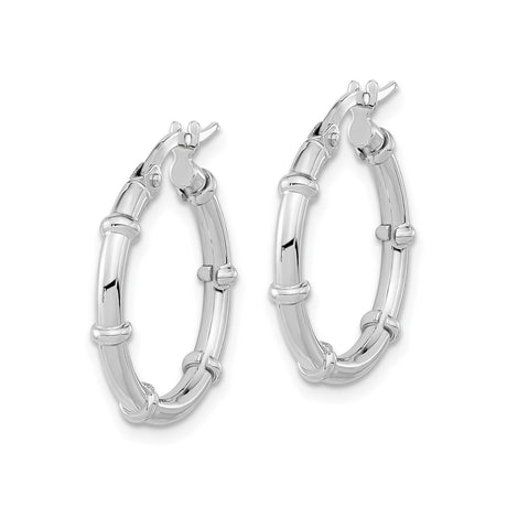 14k White Gold Hoop Earrings, Bamboo Style with Segmented Detailing, Polished Finish