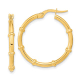 14k Yellow Gold Hoop Earrings, Bamboo Style with Polished Finish and Segment Ridges