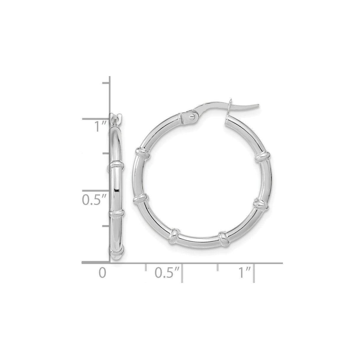14k White Gold Bamboo Hoop Earrings, Polished Segmented Design, Lightweight Jewelry for Women
