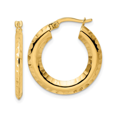 14k Yellow Gold Hoop Earrings with Hammered Textured Finish, Lightweight Circular Design