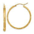 14k Yellow Gold Hoop Earrings, Satin Finish with Textured Round Design and Diamond Cut Accents