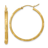 14k Yellow Gold Hoop Earrings, Satin Finish with Textured Round Design and Diamond Cut Accents