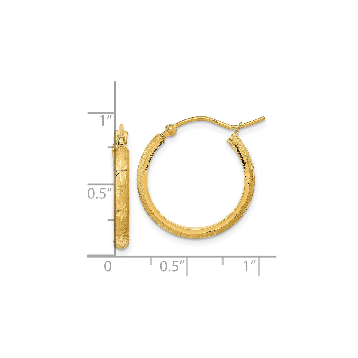 14k Yellow Gold Hoop Earrings with Etched Floral Design and Textured Satin Finish