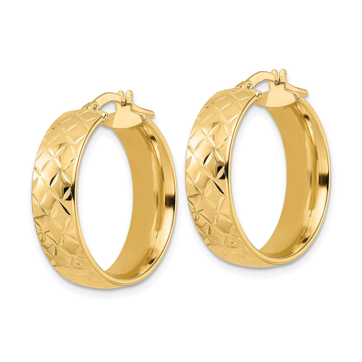 14k Yellow Gold Hoop Earrings, Diamond Cut Textured Design, Classic Latch Back Style