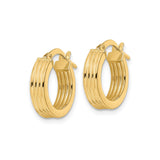 14k Yellow Gold Hoop Earrings, Ribbed Texture, Polished Finish, Medium Size, Hinged Latch Closure