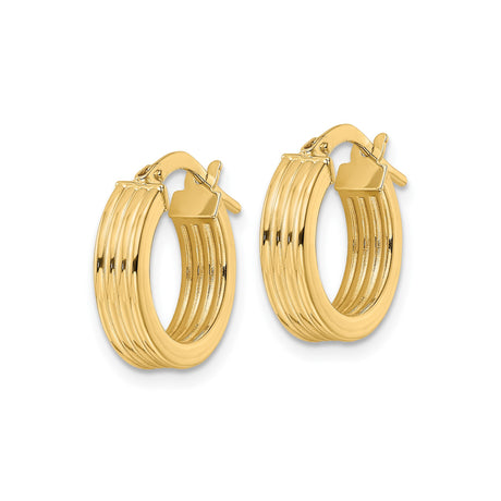 14k Yellow Gold Hoop Earrings, Ribbed Texture, Polished Finish, Medium Size, Hinged Latch Closure