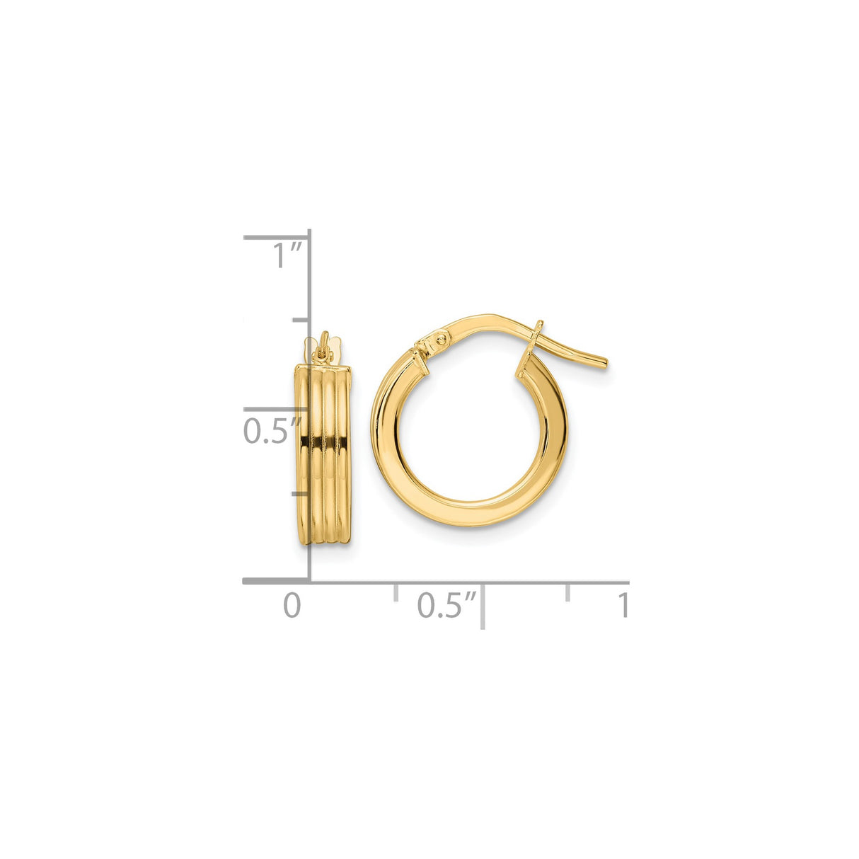14k Yellow Gold Hoop Earrings, Ribbed Texture, Polished Finish, Medium Size, Hinged Latch Closure