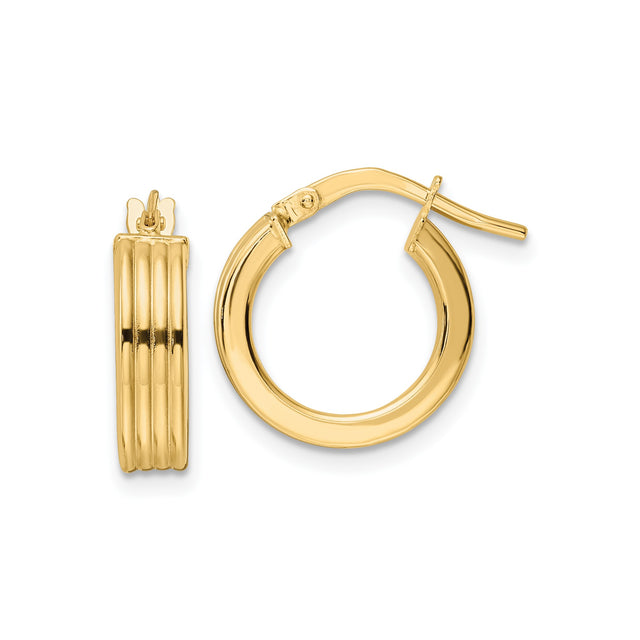 14k Yellow Gold Hoop Earrings, Ribbed Texture, Polished Finish, Medium Size, Hinged Latch Closure