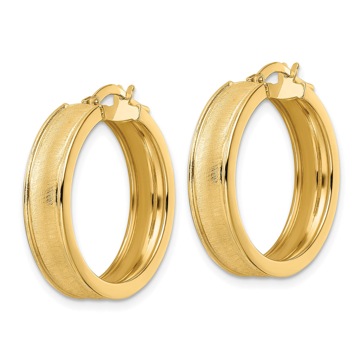 14k Yellow Gold Hoop Earrings, Satin and Polished Finish, Classic Round Style for Women