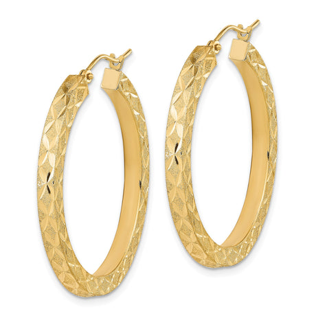 14k Yellow Gold Hoop Earrings, Large Diamond Cut Design with Satin Finish, Bold Textured Style
