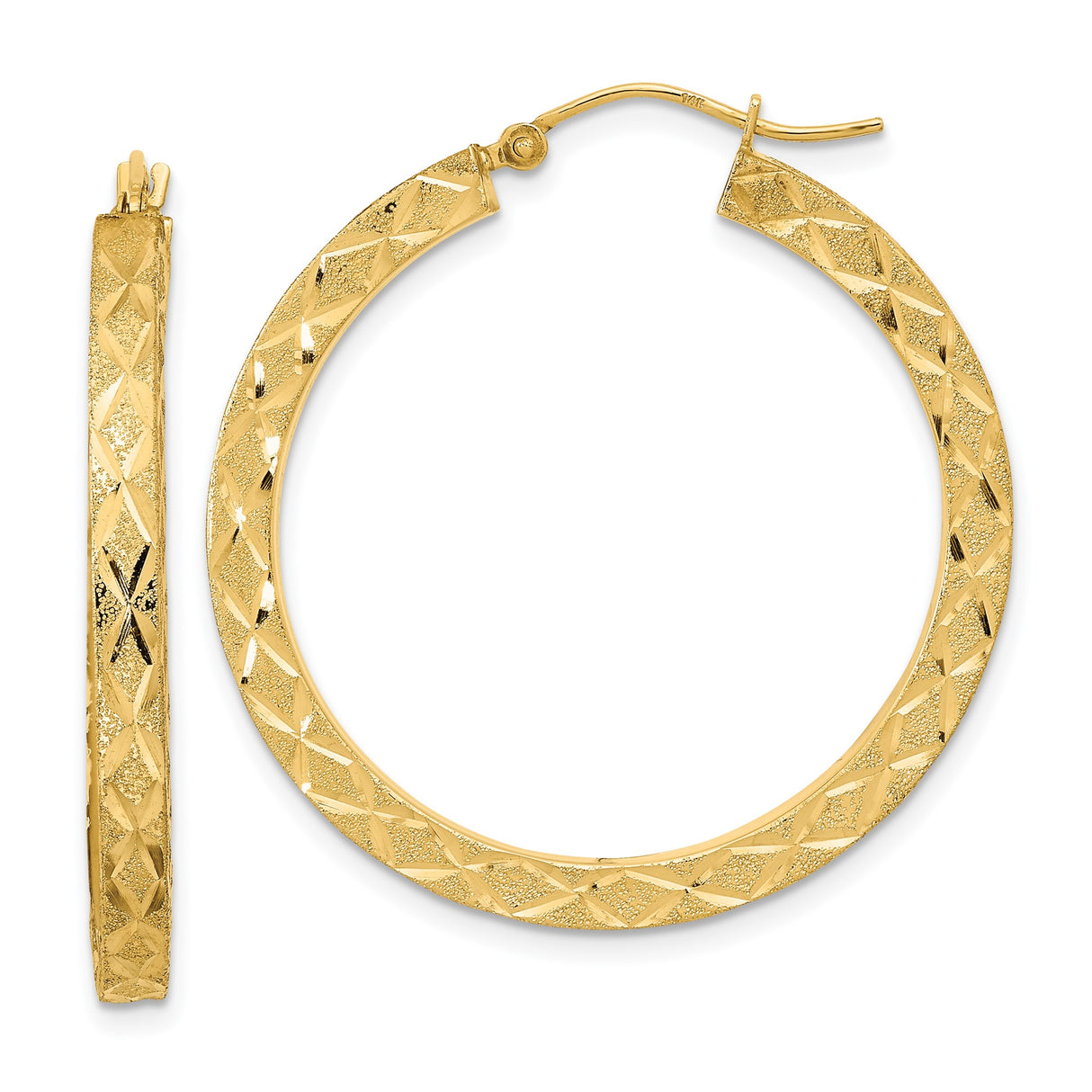 14k Yellow Gold Hoop Earrings, Large Diamond Cut Design with Satin Finish, Bold Textured Style