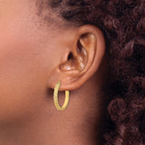 14k Yellow Gold Hoop Earrings with Diamond Cut Leaf Pattern and Satin Finish