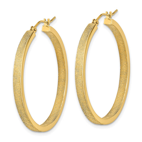 14k Yellow Gold Hoop Earrings, Textured Polished Round Design with Sandblasted Finish