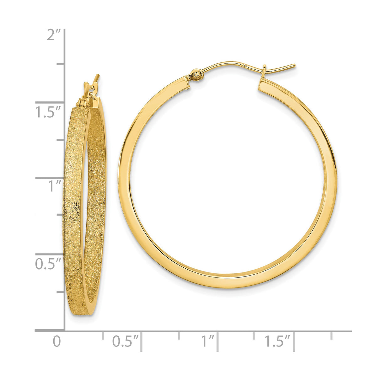 14k Yellow Gold Hoop Earrings, Textured Polished Round Design with Sandblasted Finish