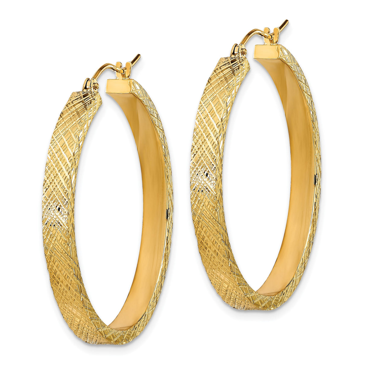 14k Yellow Gold Hoop Earrings with Diamond Cut Crisscross Pattern, Lightweight and Textured