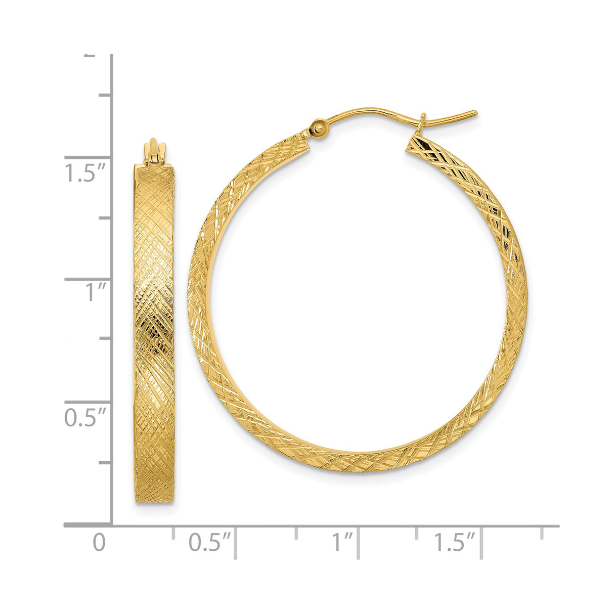 14k Yellow Gold Hoop Earrings with Diamond Cut Crisscross Pattern, Lightweight and Textured