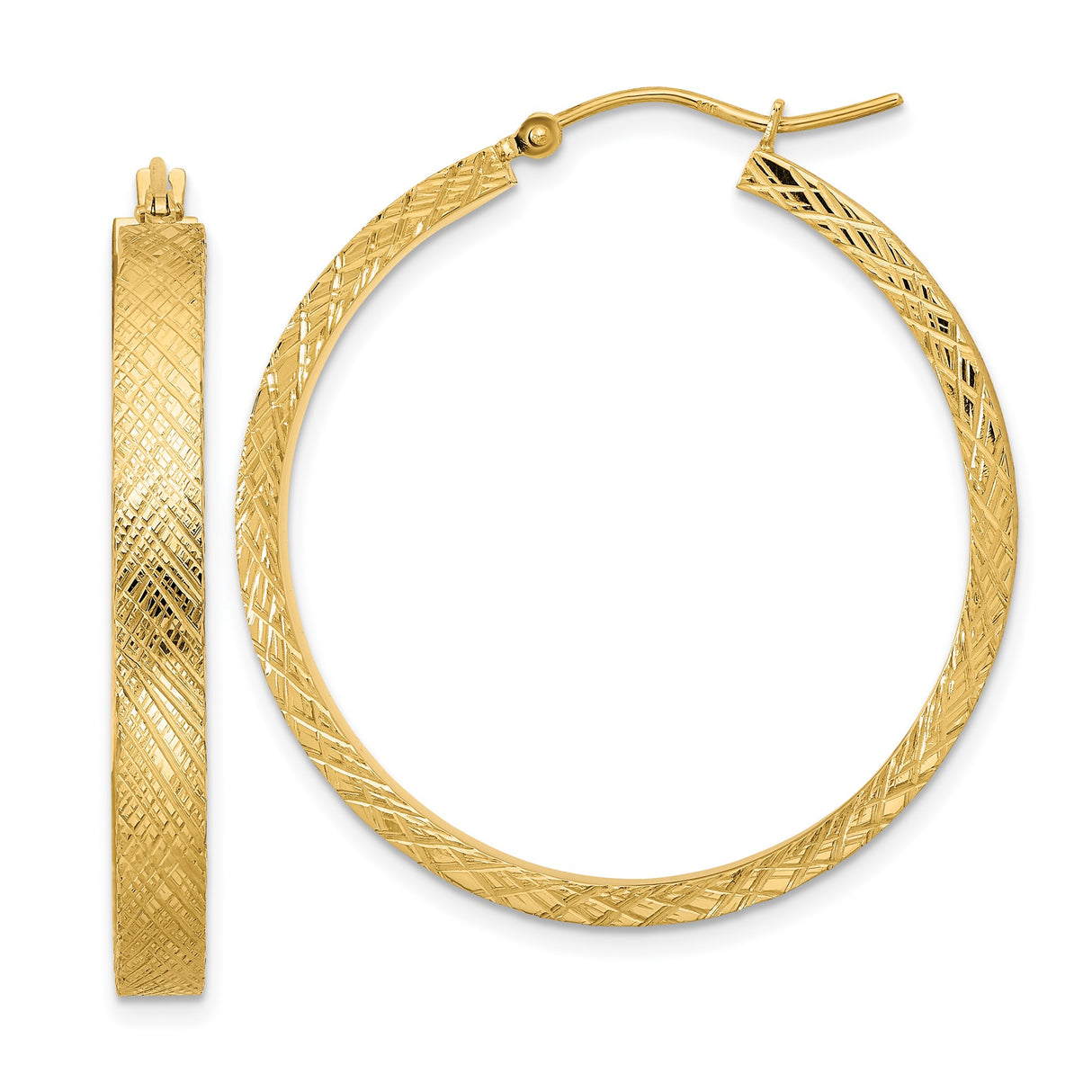 14k Yellow Gold Hoop Earrings with Diamond Cut Crisscross Pattern, Lightweight and Textured
