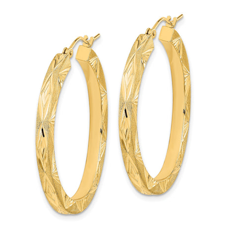 14k Yellow Gold Hoop Earrings with Etched Diamond-Cut Geometric Pattern, Lightweight Textured Design