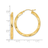 14k Yellow Gold Hoop Earrings with Etched Diamond-Cut Geometric Pattern, Lightweight Textured Design