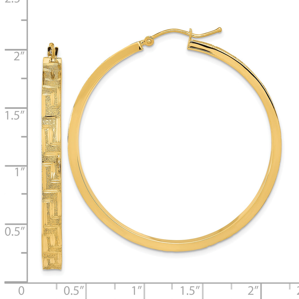 14k Yellow Gold Hoop Earrings with Textured Satin Finish and Greek Key Design for Women