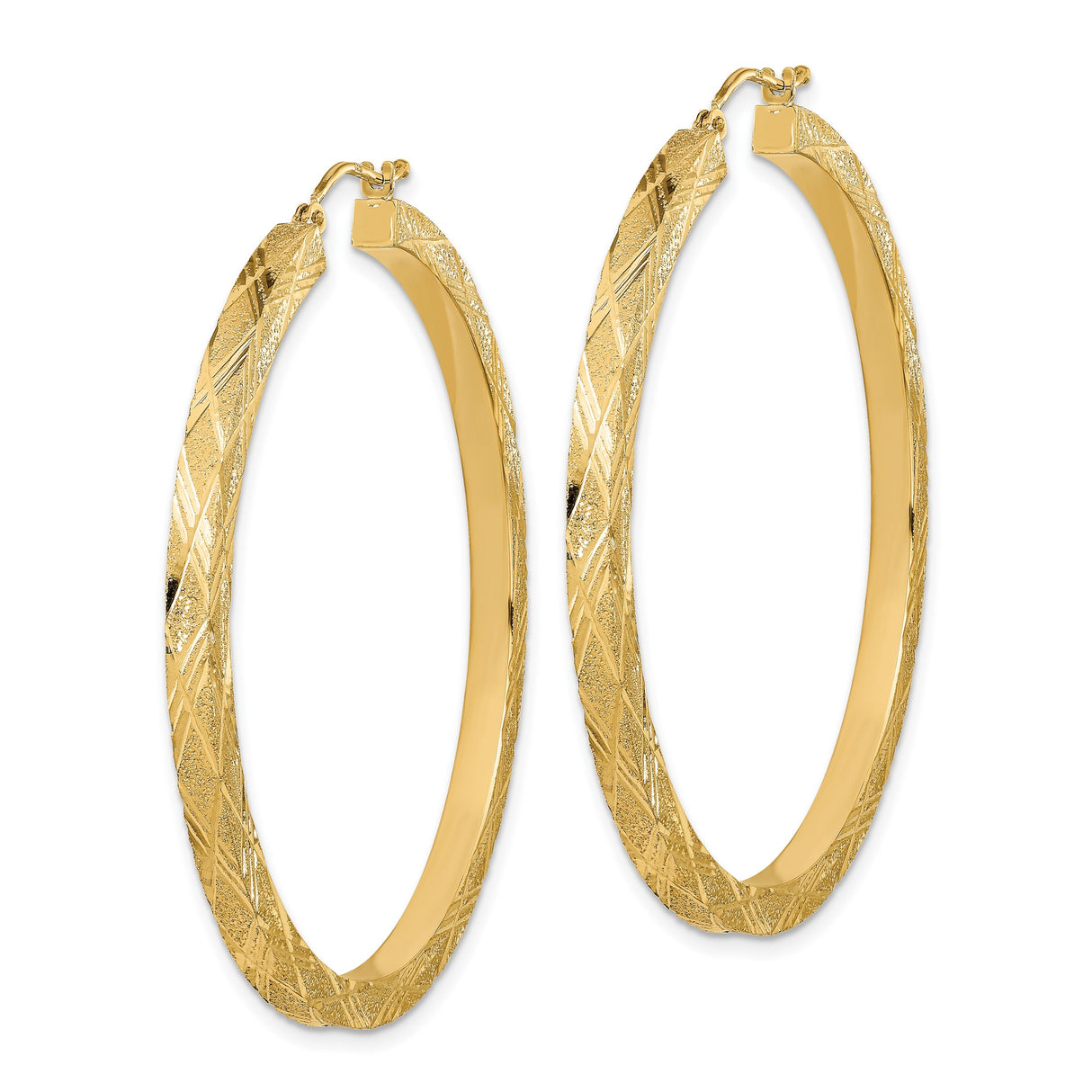 14k Yellow Gold Hoop Earrings, Large Textured Crisscross Pattern with Polished Finish