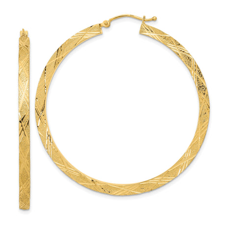 14k Yellow Gold Hoop Earrings, Large Textured Crisscross Pattern with Polished Finish