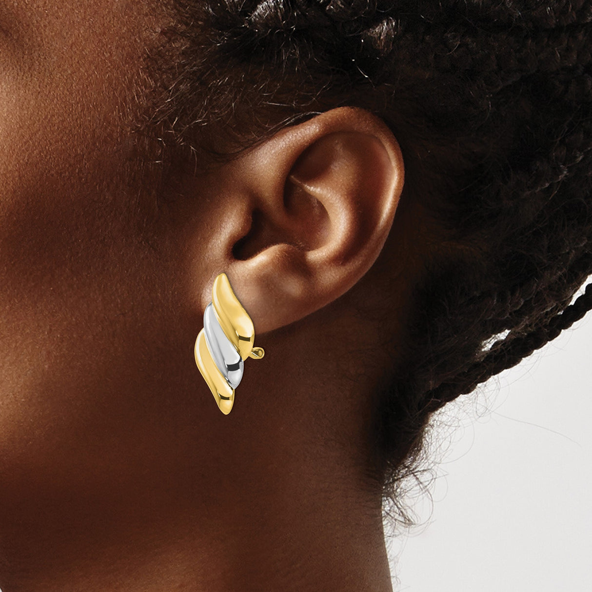 14k Gold Clip On Earrings for Women with Twisted Wave Design, Yellow and Rhodium Two-Tone Polished Finish, Omega Back Statement Hoops, Non Pierced Modern Elegant Fashion Jewelry