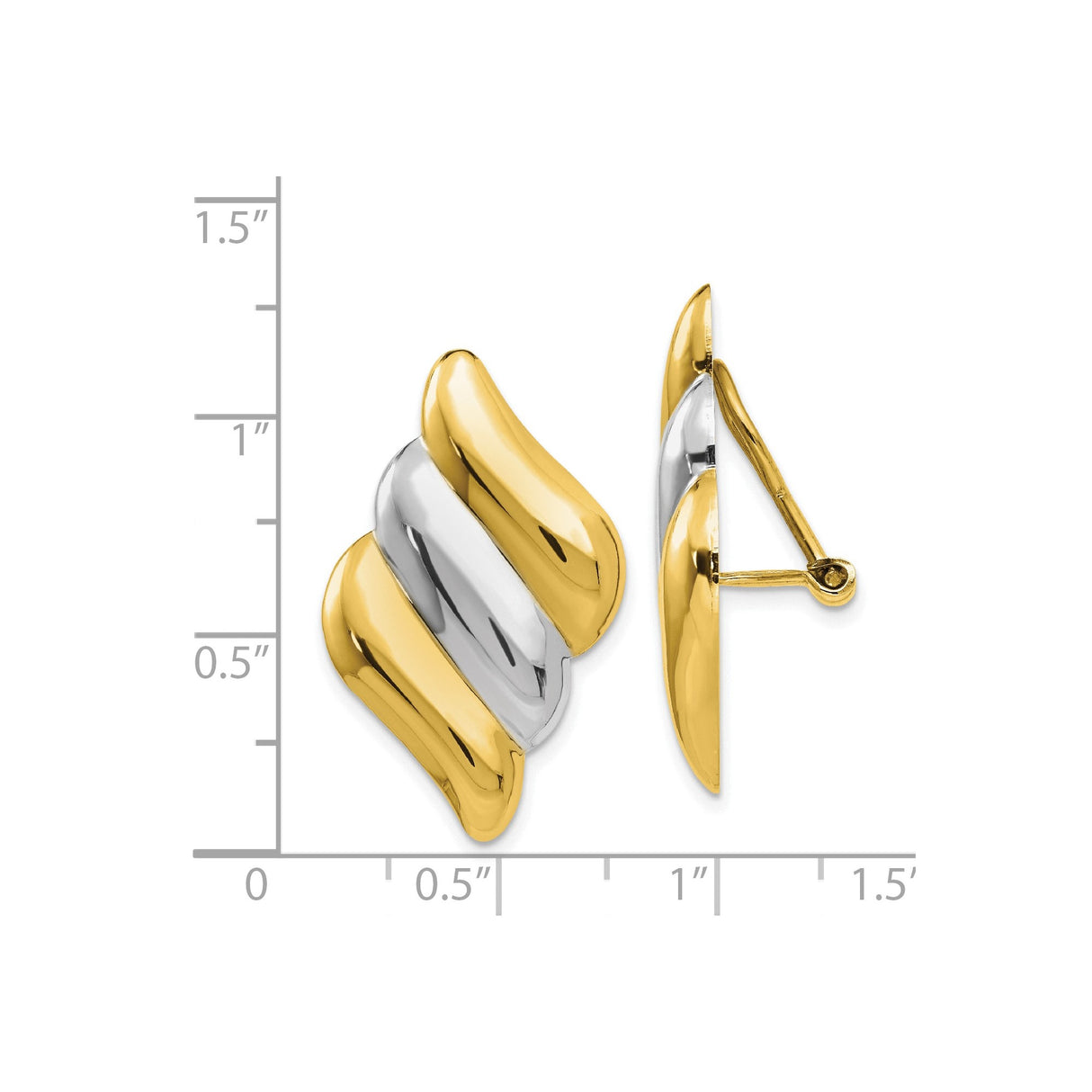 14k Gold Clip On Earrings for Women with Twisted Wave Design, Yellow and Rhodium Two-Tone Polished Finish, Omega Back Statement Hoops, Non Pierced Modern Elegant Fashion Jewelry