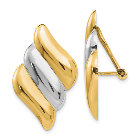 14k Gold Clip On Earrings for Women with Twisted Wave Design, Yellow and Rhodium Two-Tone Polished Finish, Omega Back Statement Hoops, Non Pierced Modern Elegant Fashion Jewelry