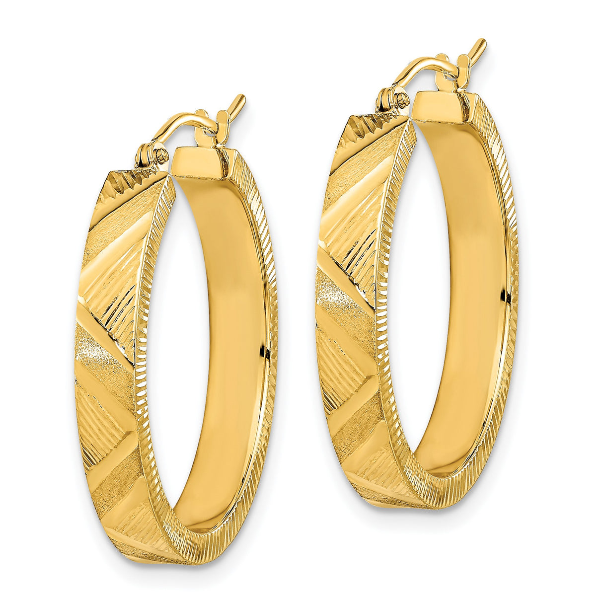 14k Yellow Gold Hoop Earrings with Textured Diamond Cut Finish, Classic Round Design