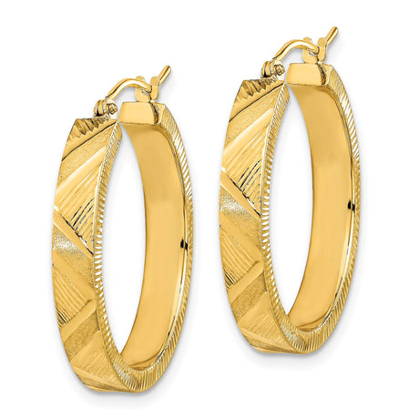 14k Yellow Gold Hoop Earrings with Textured Diamond Cut Finish, Classic Round Design