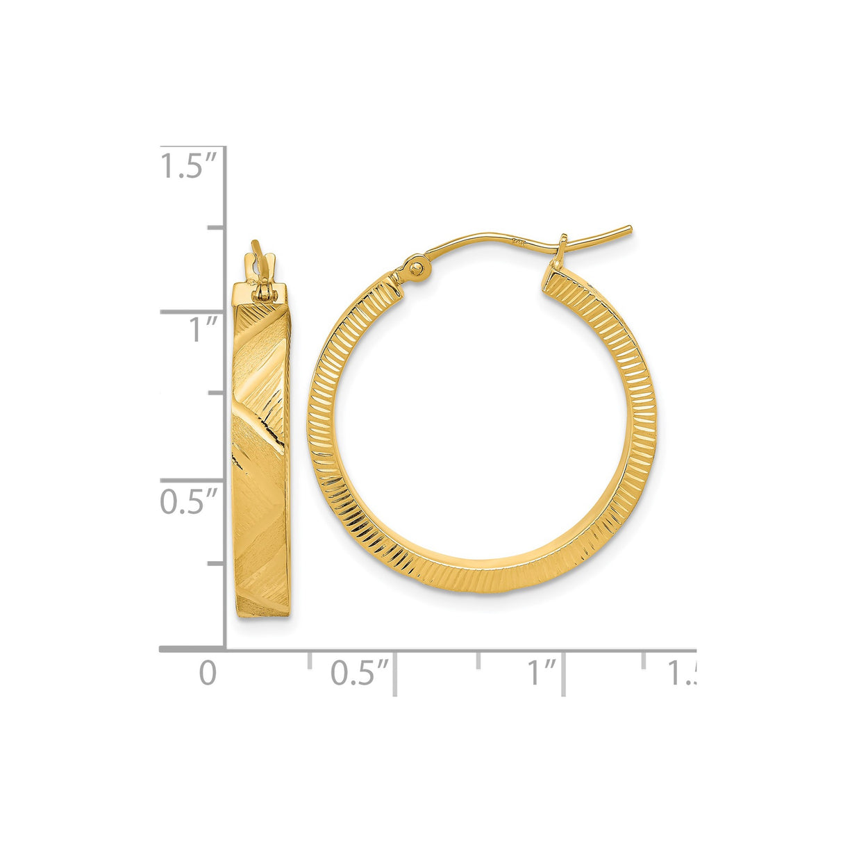 14k Yellow Gold Hoop Earrings with Textured Diamond Cut Finish, Classic Round Design