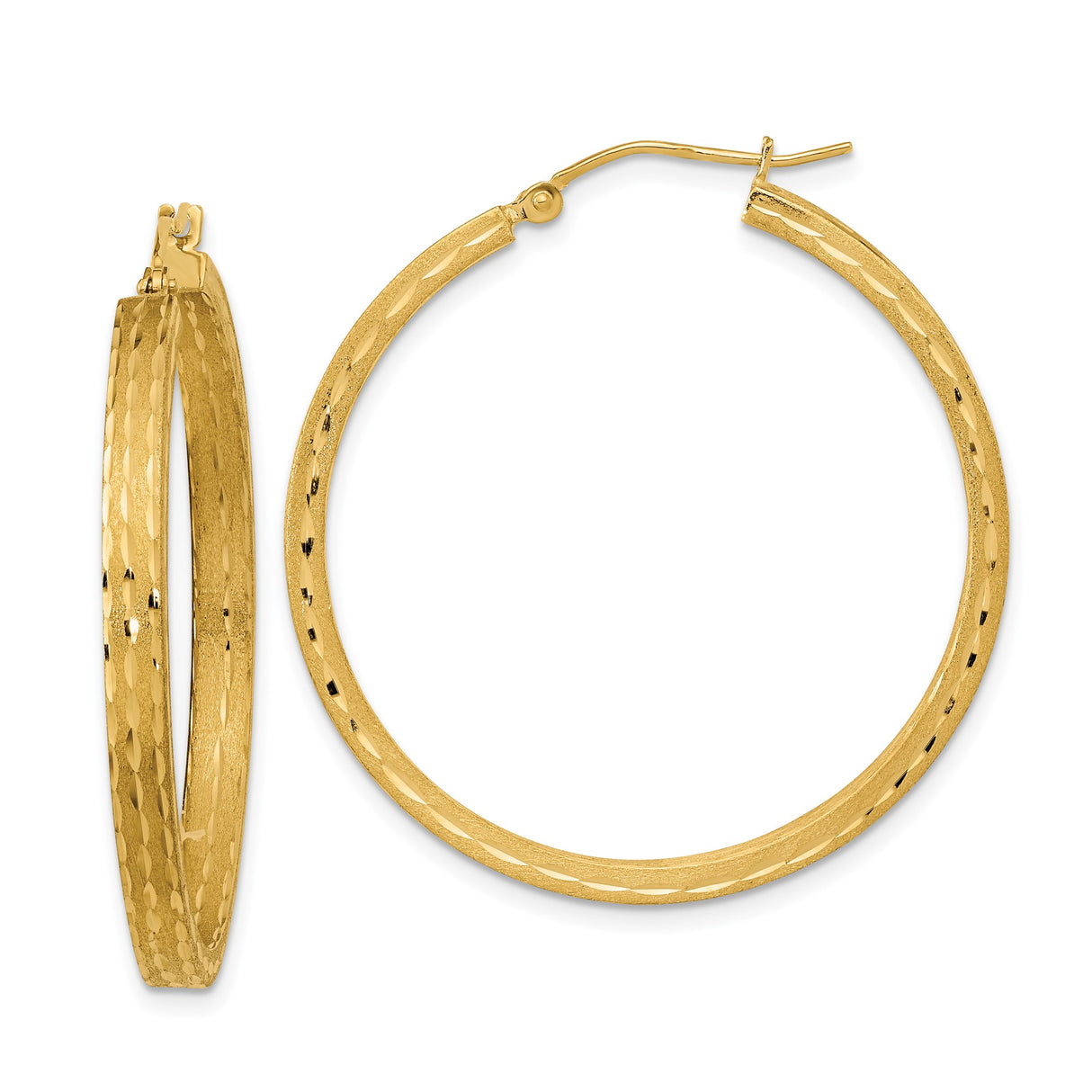 14k Yellow Gold Hoop Earrings, Diamond Cut Textured Design with Satin Finish