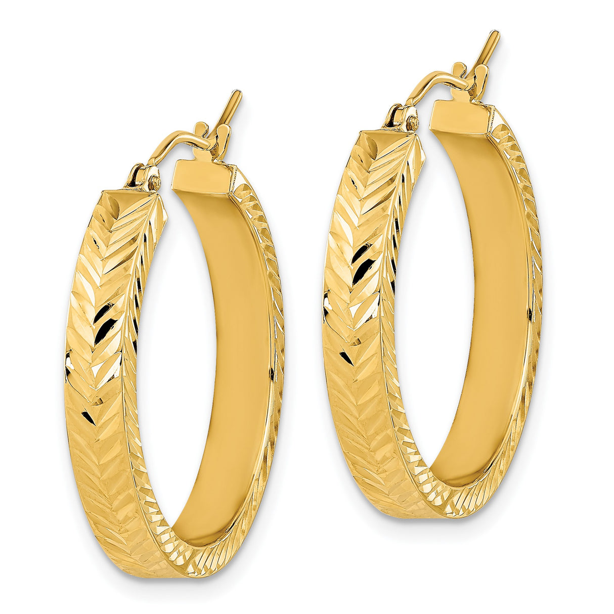 14k Yellow Gold Hoop Earrings, Polished Chevron Pattern, Textured Finish, Sleek Modern Style