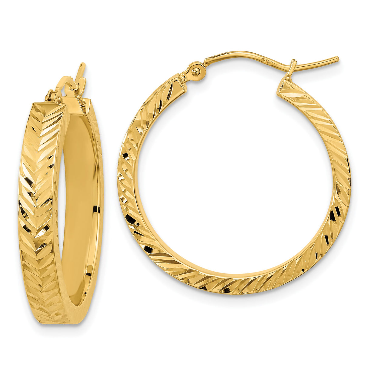 14k Yellow Gold Hoop Earrings, Polished Chevron Pattern, Textured Finish, Sleek Modern Style