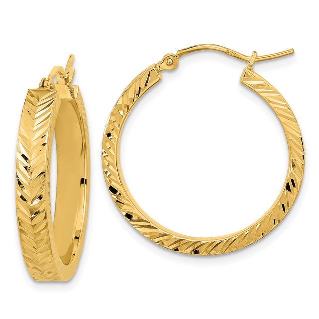 14k Yellow Gold Hoop Earrings, Polished Chevron Pattern, Textured Finish, Sleek Modern Style
