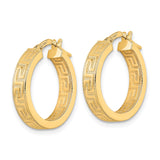 14k Yellow Gold Hoop Earrings with Greek Key Pattern, Polished Finish, Classic Medium Size