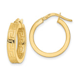 14k Yellow Gold Hoop Earrings with Greek Key Pattern, Polished Finish, Classic Medium Size