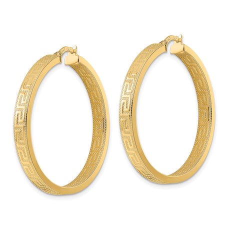 14k Yellow Gold Hoop Earrings with Greek Key and Infinity Symbol Design