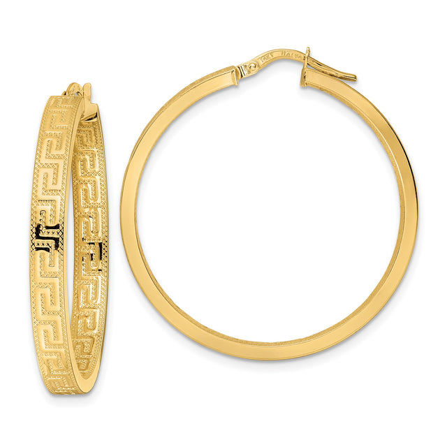 14k Yellow Gold Hoop Earrings with Greek Key and Infinity Symbol Design