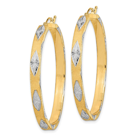 14k Yellow Gold Hoop Earrings with Diamond-Cut Marquise Accents, Two-Tone Textured Design